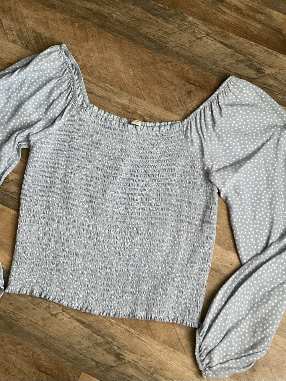 American Eagle Smocked Off-Shoulder Dot Print Top - Light Blue